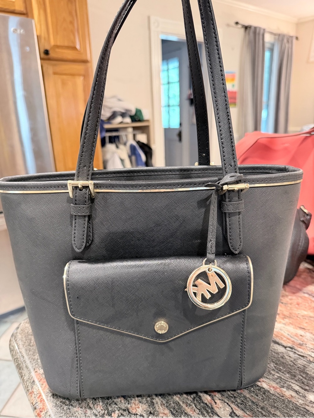 Michael Kors Black Saffiano Tote with Front Pocket and Gold Accents